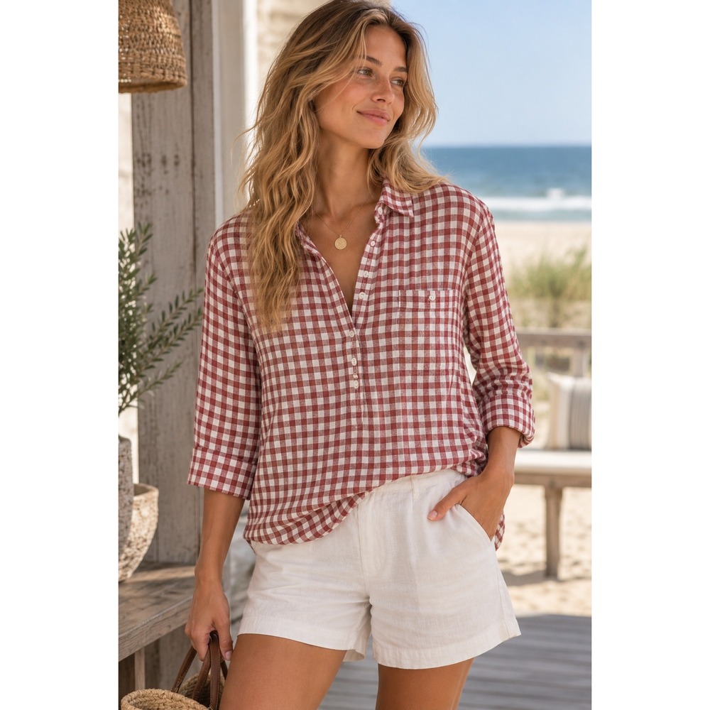 Tommy Bahama Womens XL Linen Gingham Tunic Shirt Burgundy White Roll Tab Sleeve